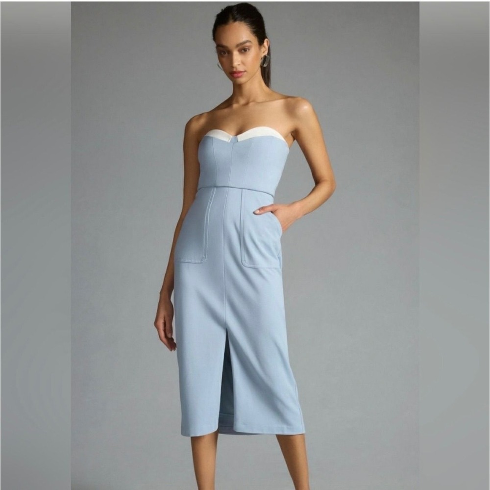 Hutch Anthropologie Strapless Midi Dress Slim Front Blue Sweetheart Slit Chic 14